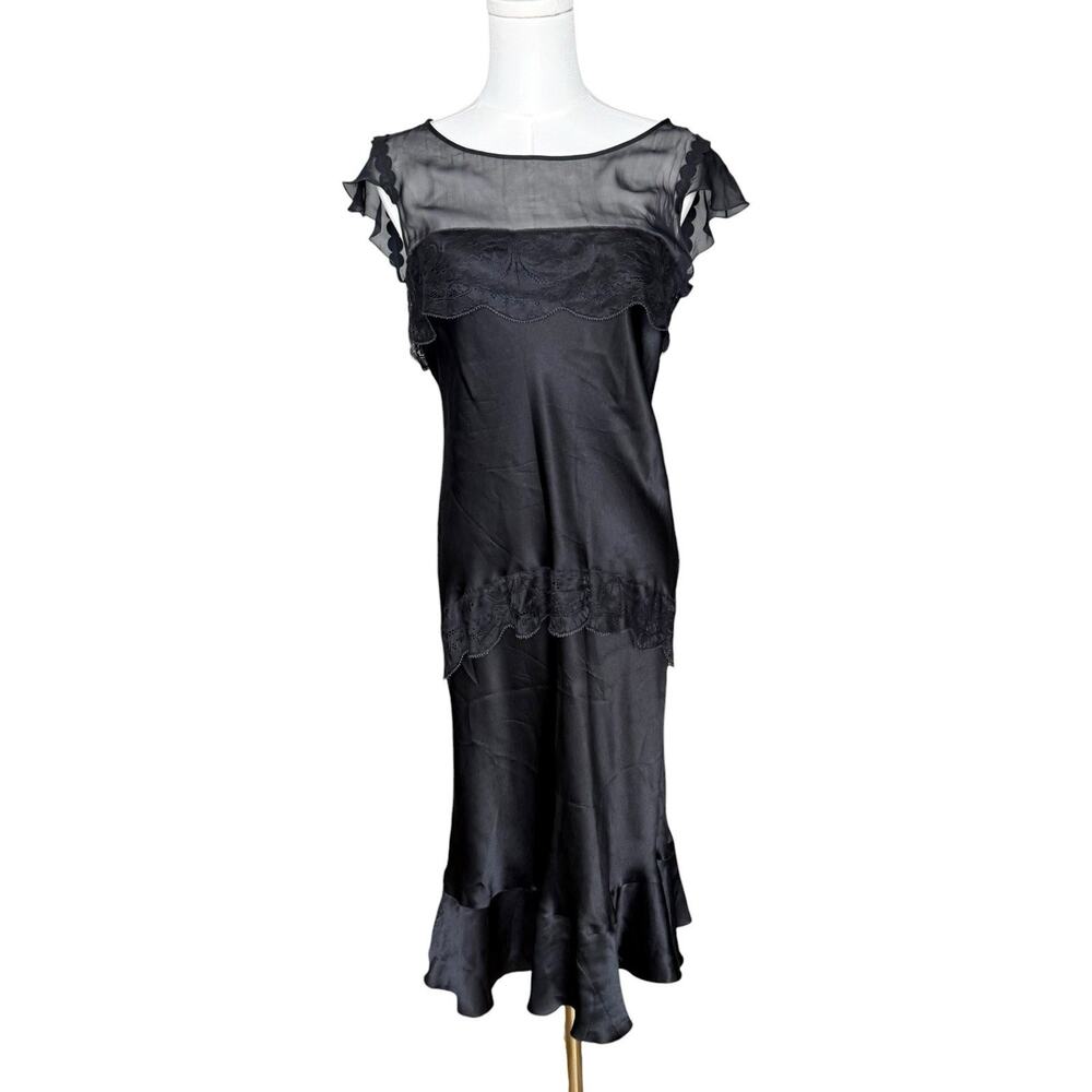 VTG Alberta Ferretti Y2K 100% Silk Black Asymmetric Lace Midi Dress Bias Cut